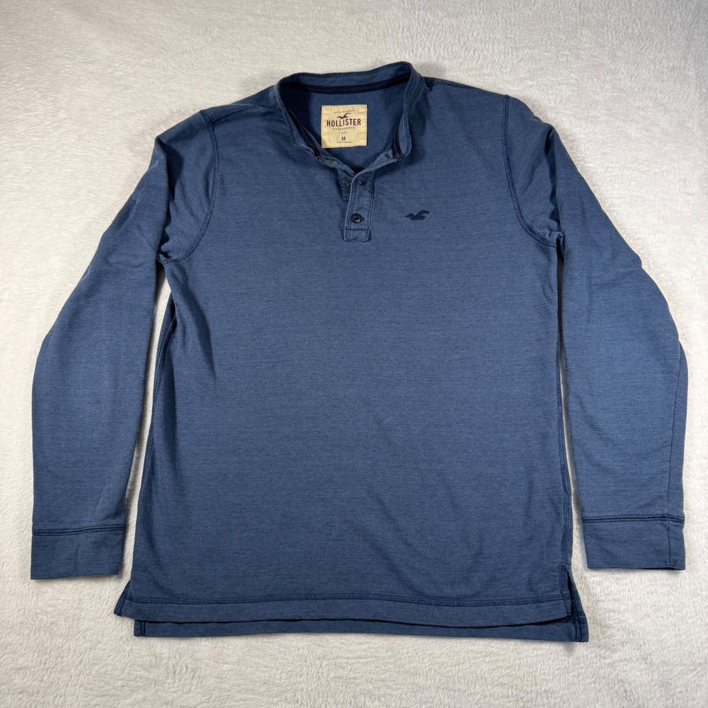 Hollister Henley Shirt Mens Medium Blue Long Sleeve Logo Band Collar